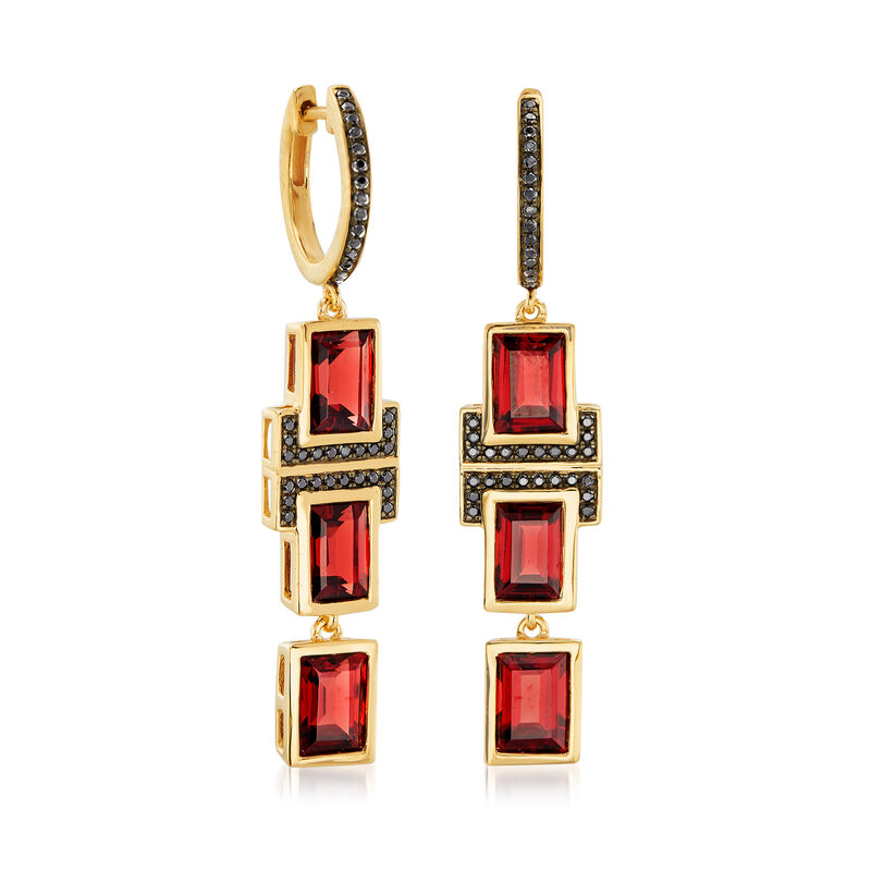 6.50 ct. t.w. Garnet and .20 ct. t.w. Black Spinel Drop Earrings in 18kt Gold Over Sterling  image number 2