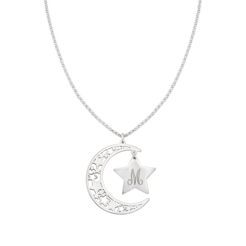 Sterling Silver Openwork Moon and Star Personalized Pendant Necklace image number 2