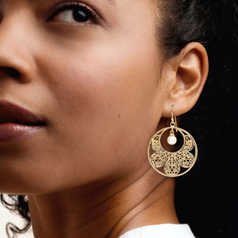 14kt Yellow Gold-Plated Filigree Disc Drop Earrings with 6.5-7mm Cultured Pearls image number 1