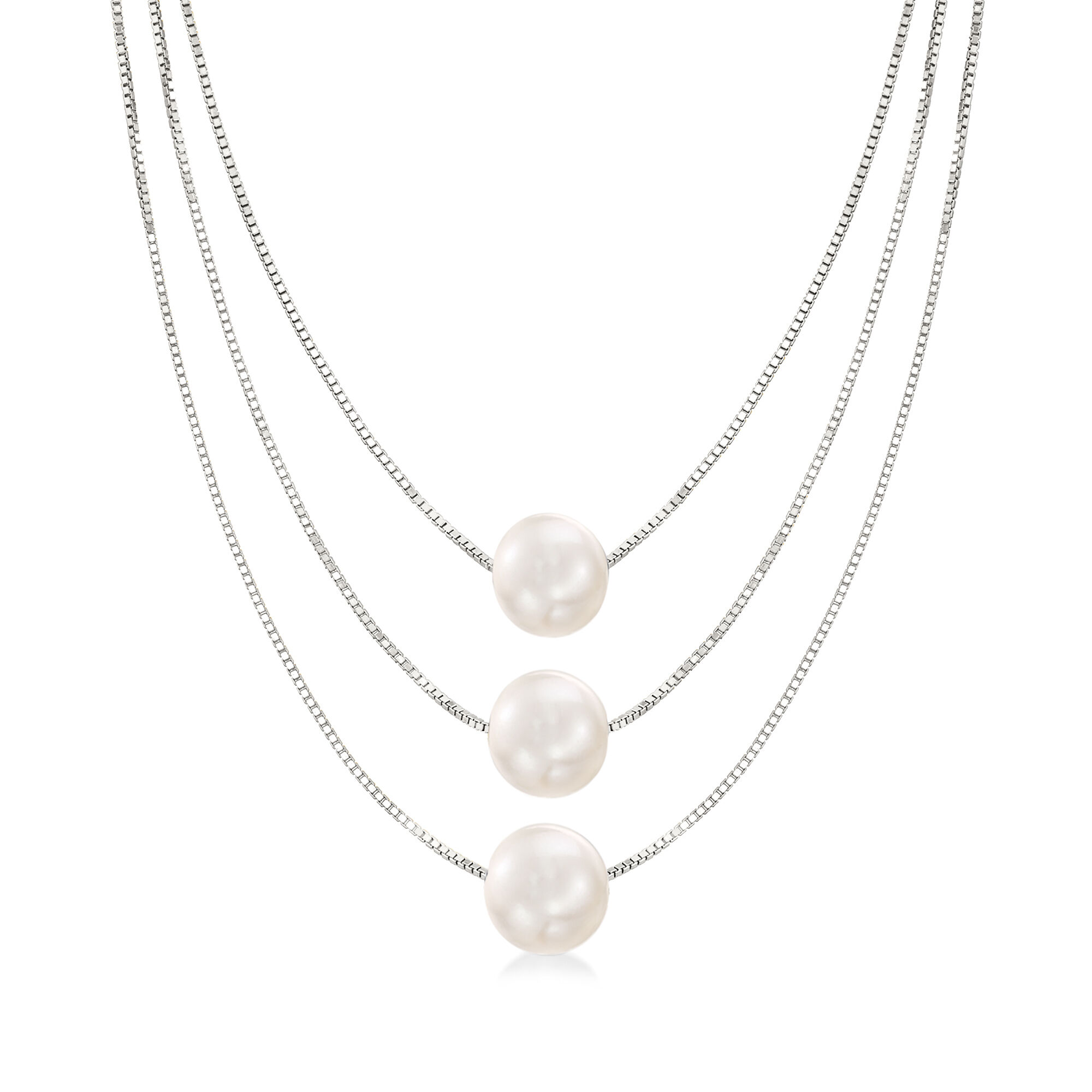 9-9.5mm Cultured Pearl Three-Strand Layered Necklace in Sterling
