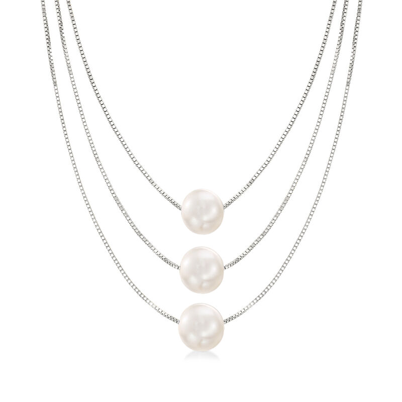 9-9.5mm Cultured Pearl Three-Strand Layered Necklace in Sterling Silver image number 0
