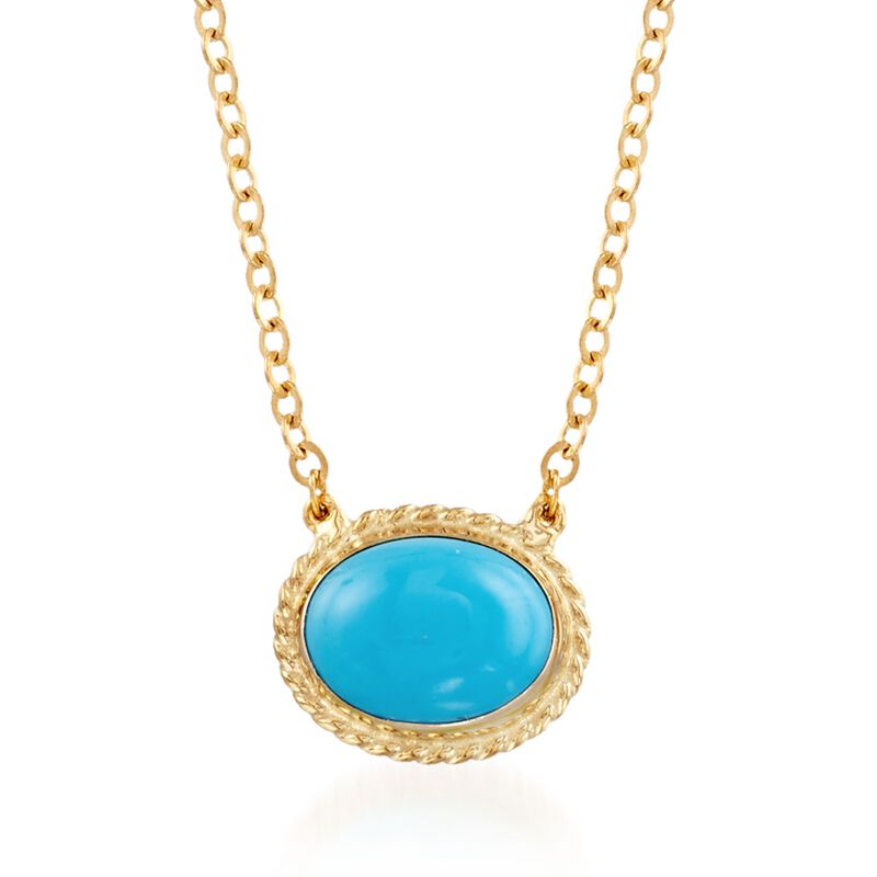 Oval Sleeping Beauty Turquoise Roped Frame Necklace in 14kt Yellow Gold. 18&quot; image number 0