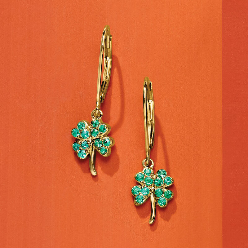 .40 ct. t.w. Emerald Four-Leaf Clover Drop Earrings in 18kt Gold Over Sterling  image number 2