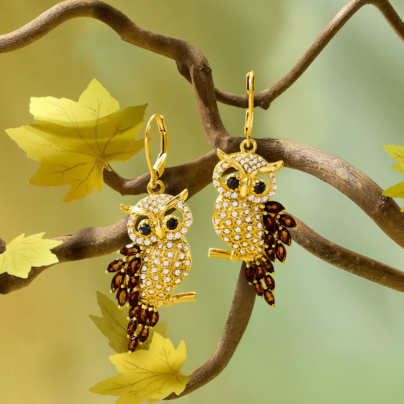 2.10 ct. t.w. Smoky Quartz, 1.00 ct. t.w. White Zircon and .20 ct. t.w. Black Spinel Owl Drop Earrings in 18kt Gold Over Sterling  image number 2