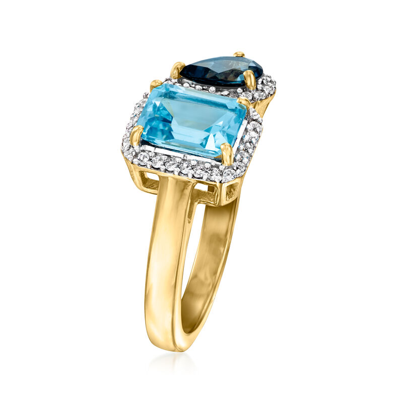 1.60 Carat Swiss Blue Topaz and .60 Carat London Blue Topaz Toi et Moi Ring with .20 ct. t.w. White Topaz in 18kt Gold Over Sterling image number 2