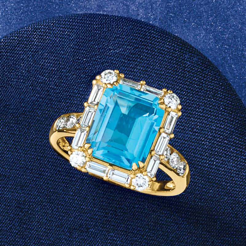 4.50 Carat Swiss Blue Topaz Ring with 1.00 ct. t.w. Lab-Grown Diamonds in 14kt Yellow Gold