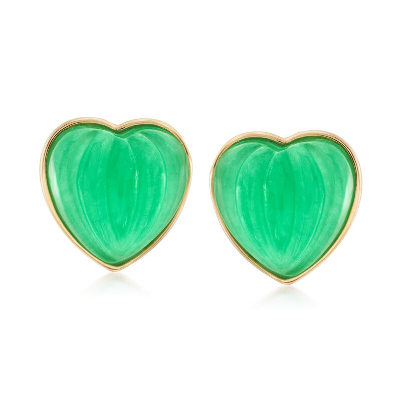 13mm Carved Green Jade Heart Earrings in 14kt Yellow Gold image number 0