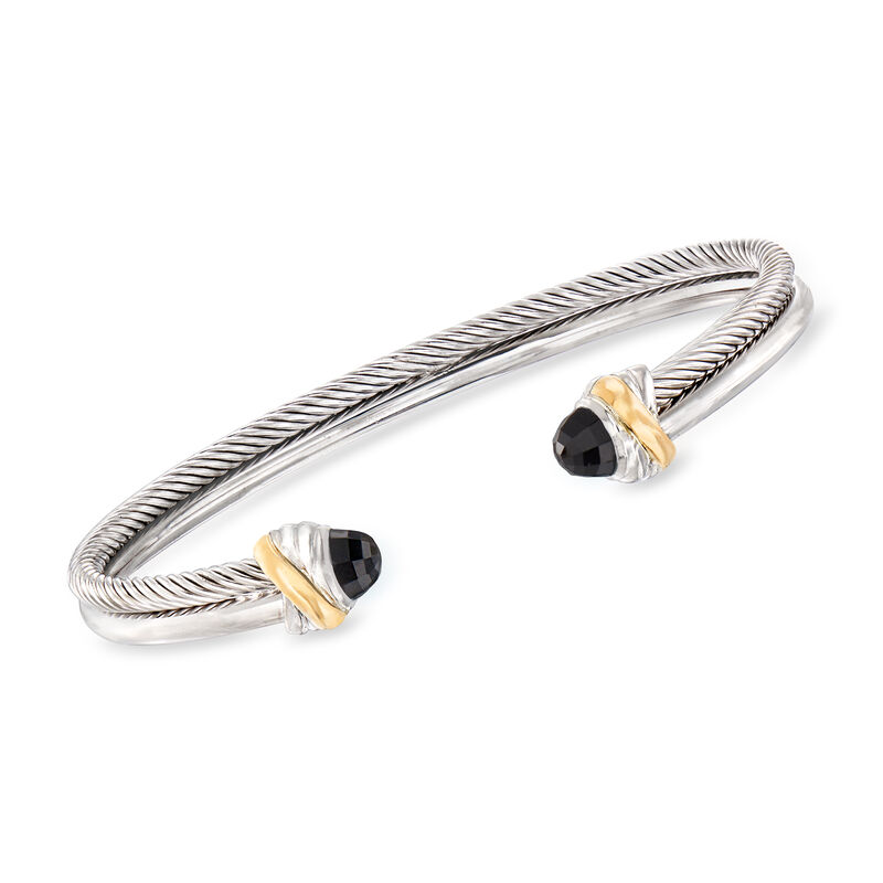 Phillip Gavriel &quot;Italian Cable&quot; 4.5mm Black Onyx Cuff Bracelet in Sterling Silver and 18kt Yellow Gold. 7.5&quot; image number 0