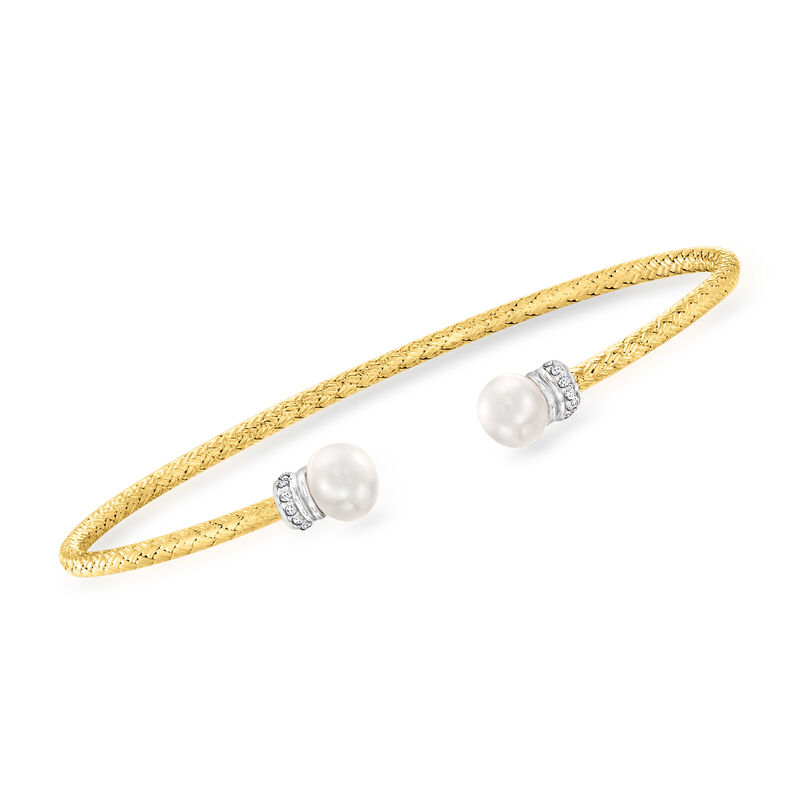 Charles Garnier 6-6.5mm Cultured Pearl Cuff Bracelet with CZs in 18kt Gold Over Sterling and Sterling Silver. 7.5" image number 0