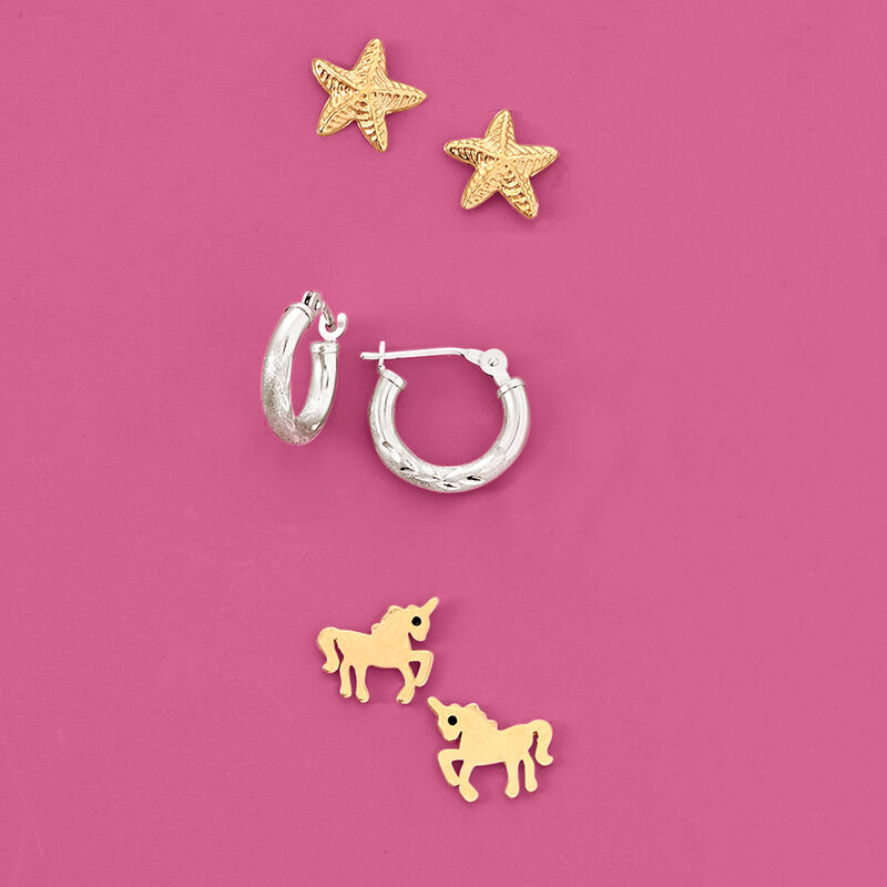 Child's 14kt Yellow Gold Unicorn Earrings with Black CZ Accents image number 3