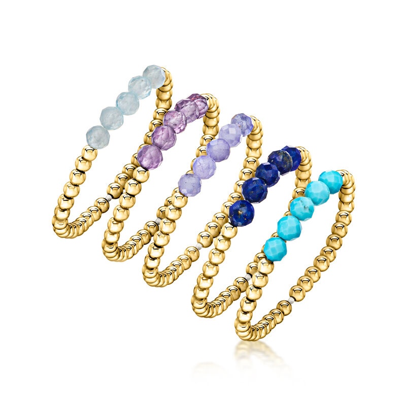 2.50 ct. t.w. Multi-Gemstone and 14kt Yellow Gold-Plated Jewelry Set: Five Bead Stretch Rings image number 2