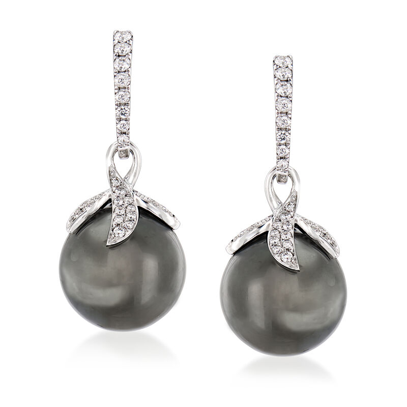 12-12.5mm Black Cultured South Sea Pearl and .40 ct. t.w. Diamond Drop Earrings in 18kt White Gold image number 0