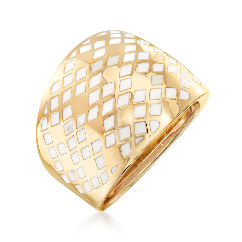 Italian 14kt Yellow Gold and White Enamel Quilted-Design Dome Ring image number 2