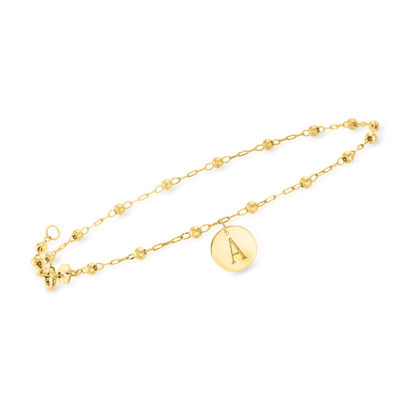 Italian 14kt Yellow Gold Personalized Disc Charm Bead Station Anklet image number 2