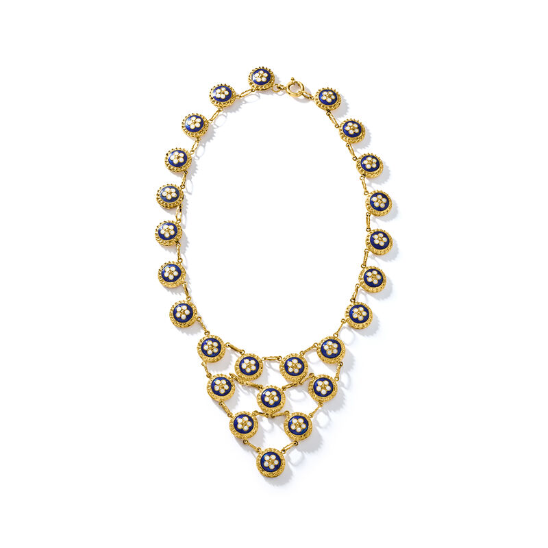 C. 1990 Vintage Blue and White Enamel Flower Disc Bib Necklace in 20kt Yellow Gold. 14" image number 3