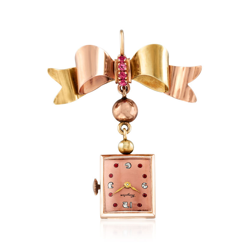 C. 1930 Vintage .35 ct. t.w. Ruby Kingston Bow Pin/Pendant with Watch in 14kt Two-Tone Gold image number 0
