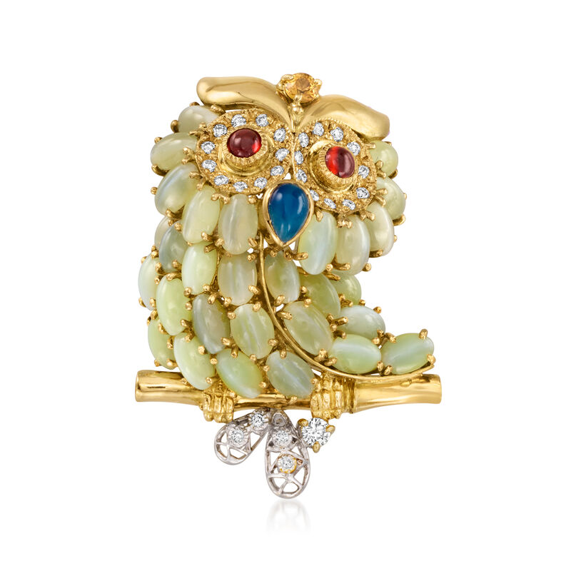 C. 1980 Vintage Green Cat's Eye Chrysoberyl and .73 ct. t.w. Multi-Gemstone Owl Pin/Pendant with .26 ct. t.w. Diamonds in 18kt Two-Tone Gold image number 0