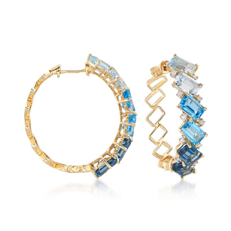 8.60 ct. t.w. London, Swiss and Sky Blue Topaz and .16 ct. t.w. Diamond Hoop Earrings in 14kt Yellow Gold image number 0