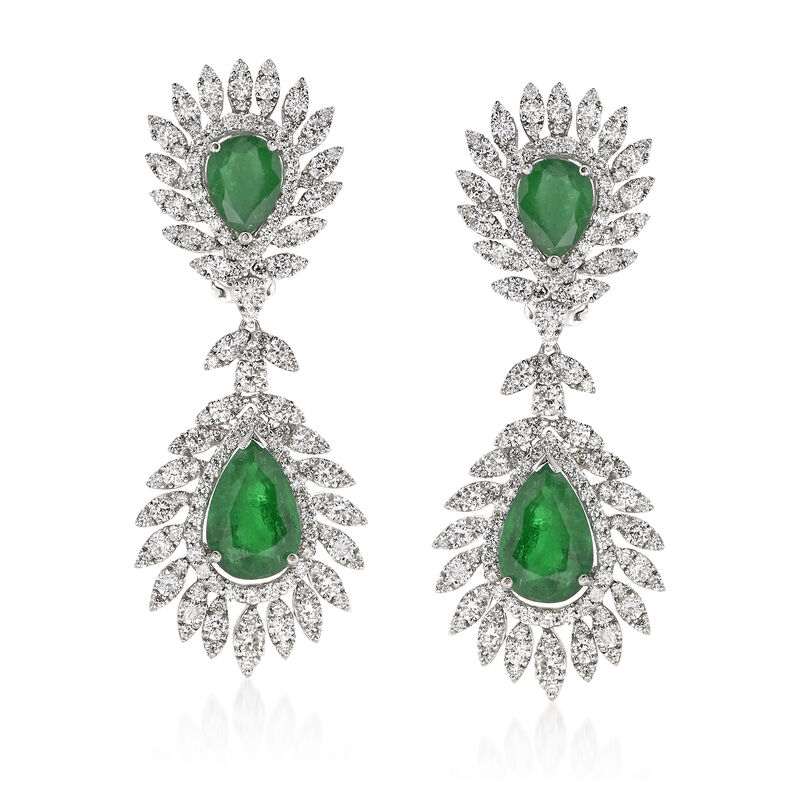 6.00 ct. t.w. Emerald and 4.55 ct. t.w. Diamond Drop Earrings in 18kt White Gold image number 0