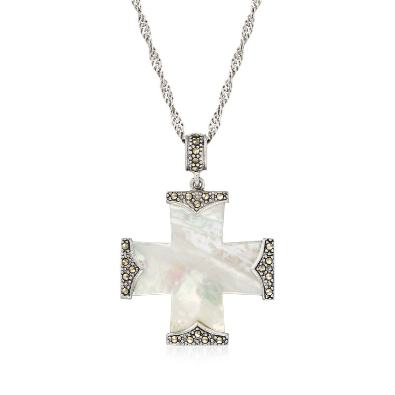 Mother-Of-Pearl and Marcasite Cross Pendant Necklace in Sterling Silver image number 0