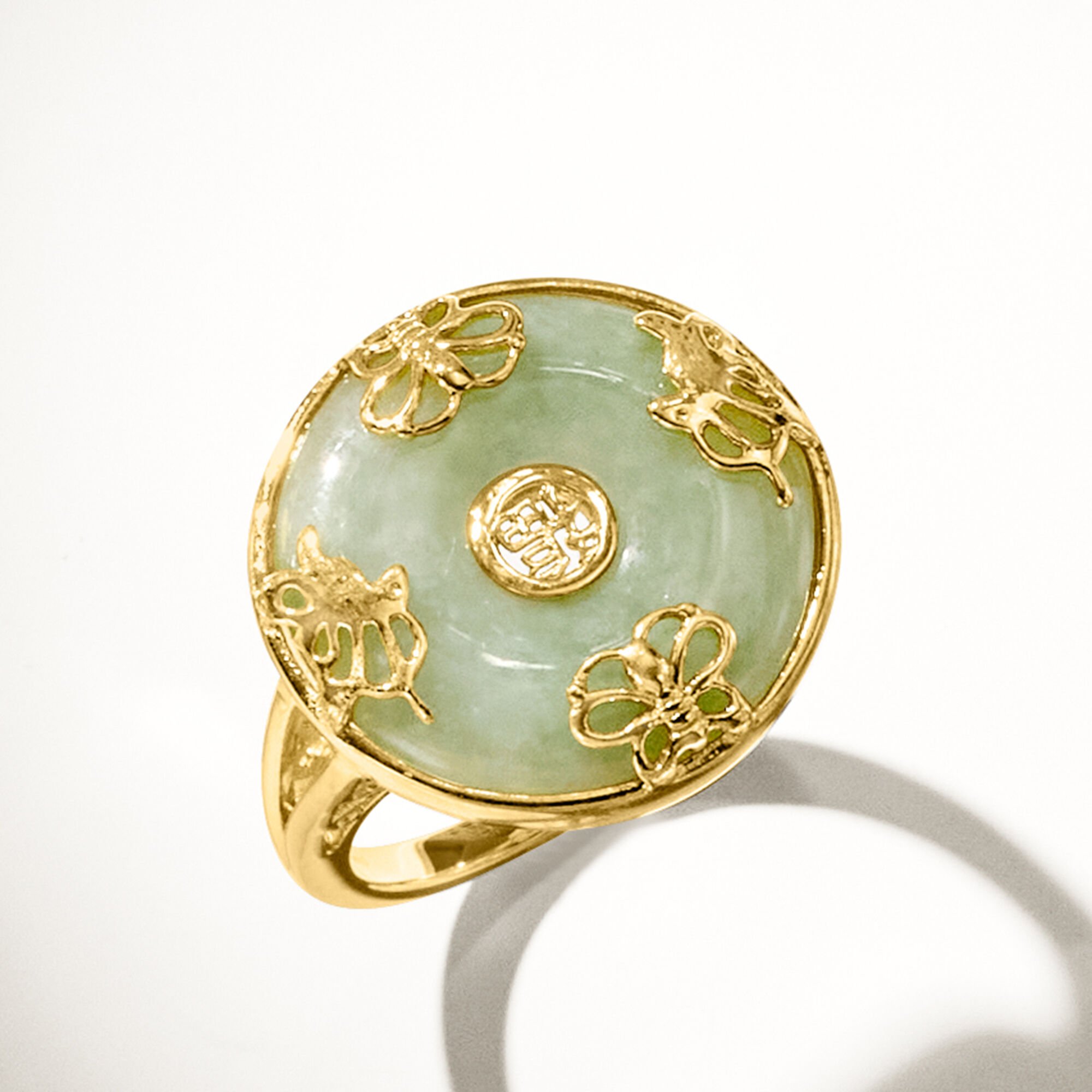 Jade Good Fortune Butterfly Ring in 18kt Gold Over Sterling
