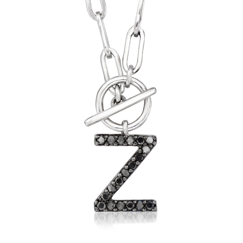 Black Diamond Initial Paper Clip Link Toggle Necklace in Sterling Silver image number 1