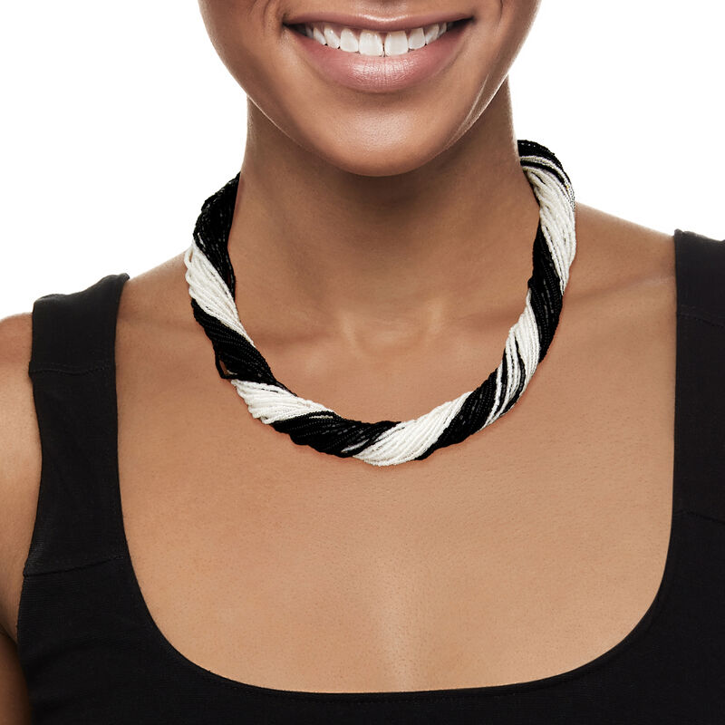 Italian Black and White Murano Glass Bead Torsade Necklace in Sterling Silver image number 1