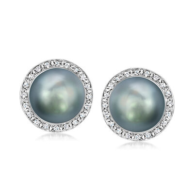 8-9mm Black Cultured Tahitian Pearl and .10 ct. t.w. Diamond Earrings in 14kt White Gold