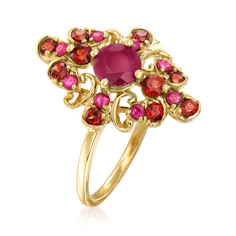 .90 ct. t.w. Ruby and .50 ct. t.w. Garnet Ring in 14kt Yellow Gold image number 2