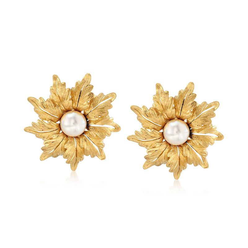 C. 1980 Vintage 8mm Cultured Pearl Floral Earrings in 18kt Yellow Gold  image number 0