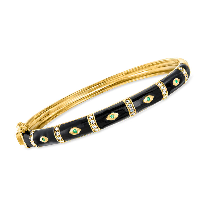 .40 ct. t.w. White Topaz Evil Eye Bangle Bracelet with Emeralds and Black Enamel in 18kt Gold Over Sterling image number 0