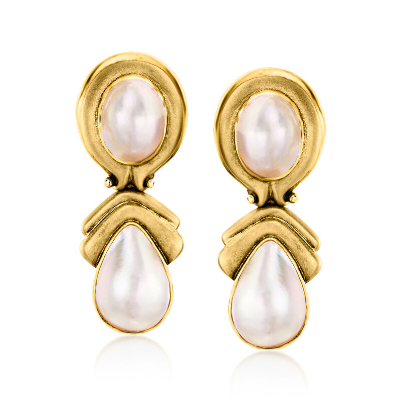 C. 1980 Vintage Cultured Mabe Pearl Clip-On Drop Earrings in 14kt Yellow Gold  image number 0