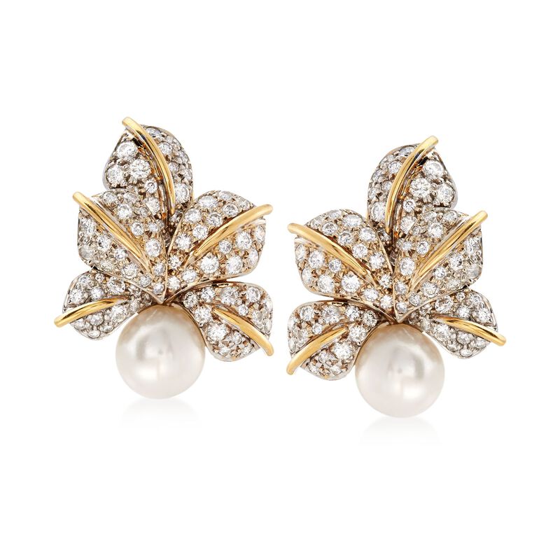C. 1980 Vintage 10mm Cultured Pearl and 3.00 ct. t.w. Diamond Floral Clip-On Earrings in 18kt Two-Tone Gold image number 0