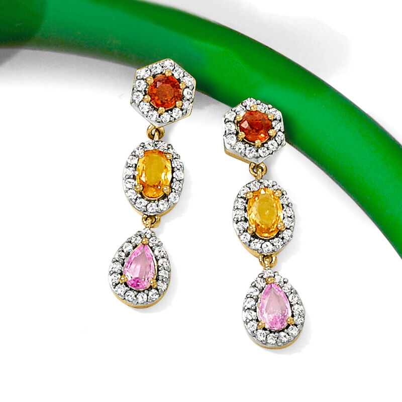 1.80 ct. t.w. Multicolored Sapphire and .60 ct. t.w. White Topaz Drop Earrings in 18kt Gold Over Sterling image number 2