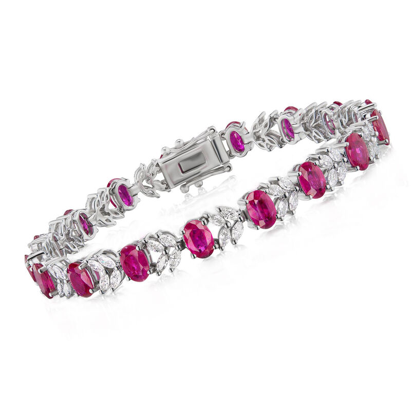 9.75 ct. t.w. Ruby and 2.35 ct. t.w. Diamond Floral Tennis Bracelet in 18kt White Gold image number 0