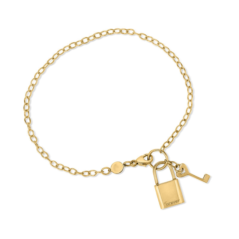 Italian 14kt Yellow Gold &quot;Forever&quot; Lock and Key Charm Bracelet image number 0