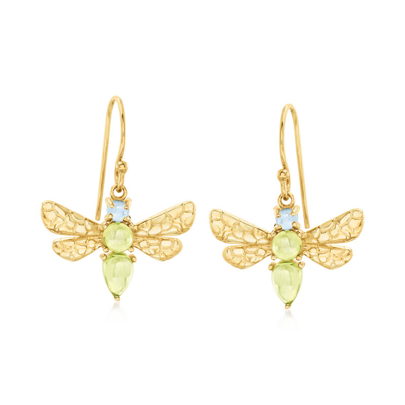 1.80 ct. t.w. Peridot and .30 ct. t.w. Swiss Blue Topaz Dragonfly Drop Earrings in 18kt Gold Over Sterling image number 0
