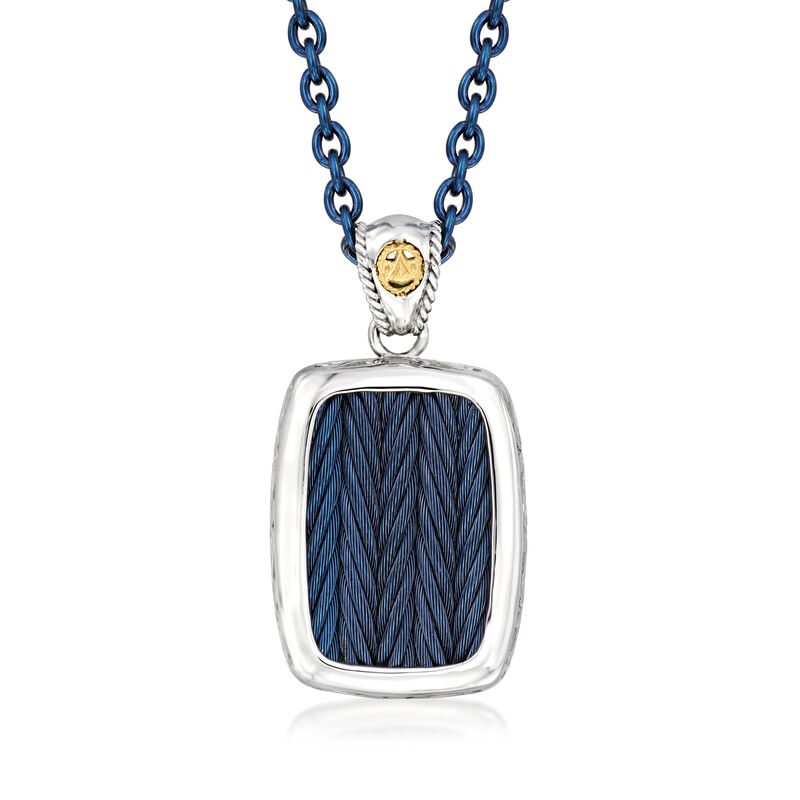 ALOR Blueberry and White Stainless Steel Dog Tag Pendant Necklace with 18kt Yellow Gold. 22" image number 0