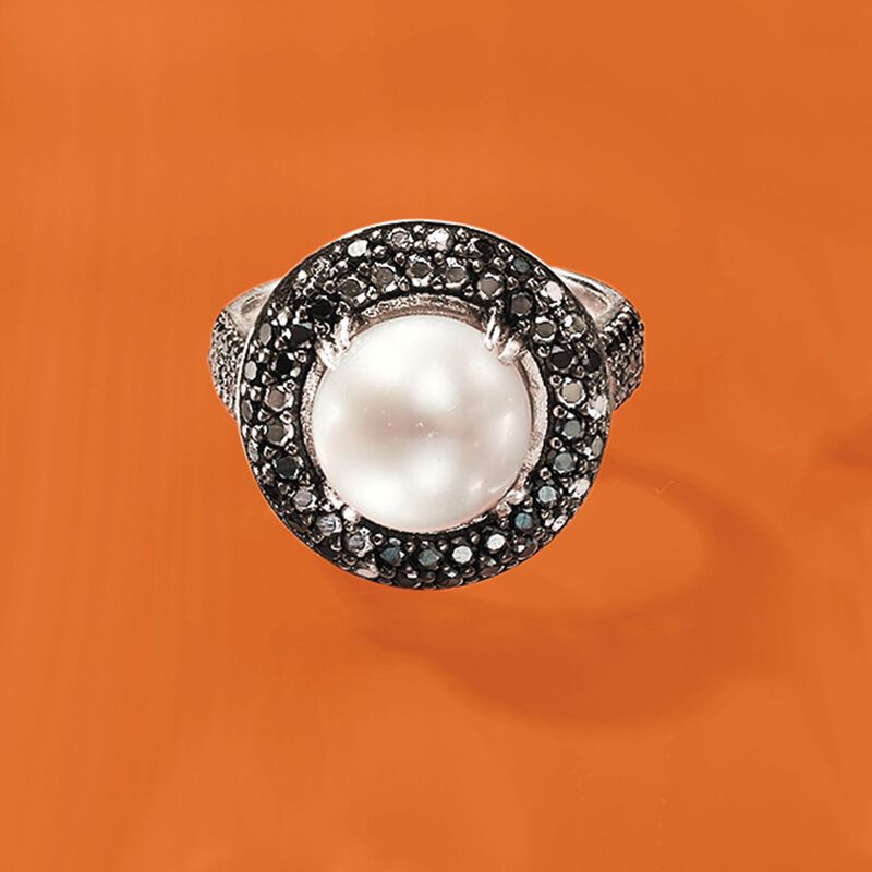 9mm Cultured Pearl and 1.20 ct. t.w. Black Spinel Ring in Sterling Silver image number 3
