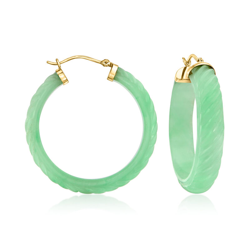 Carved Jade Hoop Earrings with 14kt Yellow Gold. 1 1/2&quot; image number 0