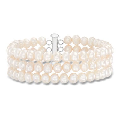 5-6mm Cultured Pearl Three-Strand Bracelet with Sterling Silver