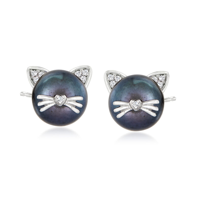 8-8.5mm Black Cultured Pearl Cat Earrings with Diamonds in Sterling Silver image number 0