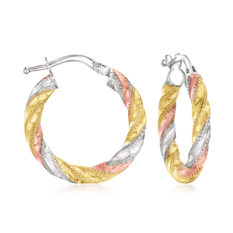 Italian 14kt Tri-Colored Gold Twisted Hoop Earrings image number 0