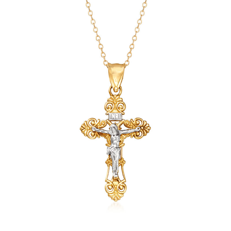 C. 1980 Vintage 10kt Yellow Gold and 14kt White Gold Crucifix Pendant Necklace image number 0