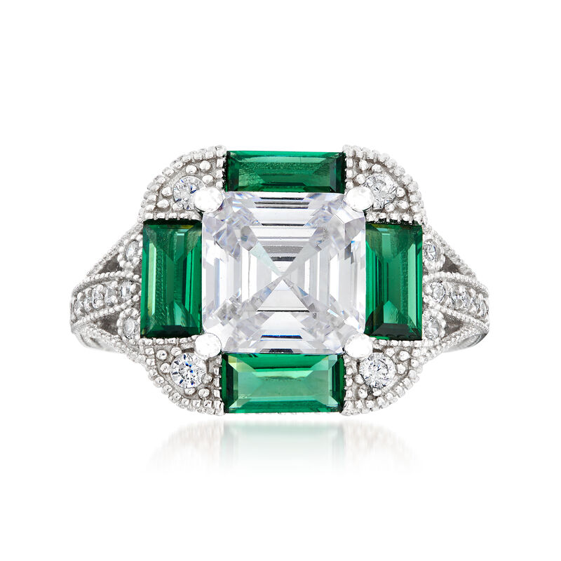 3.10 ct. t.w. CZ and 1.60 ct. t.w. Simulated Emerald Ring in Sterling Silver image number 0