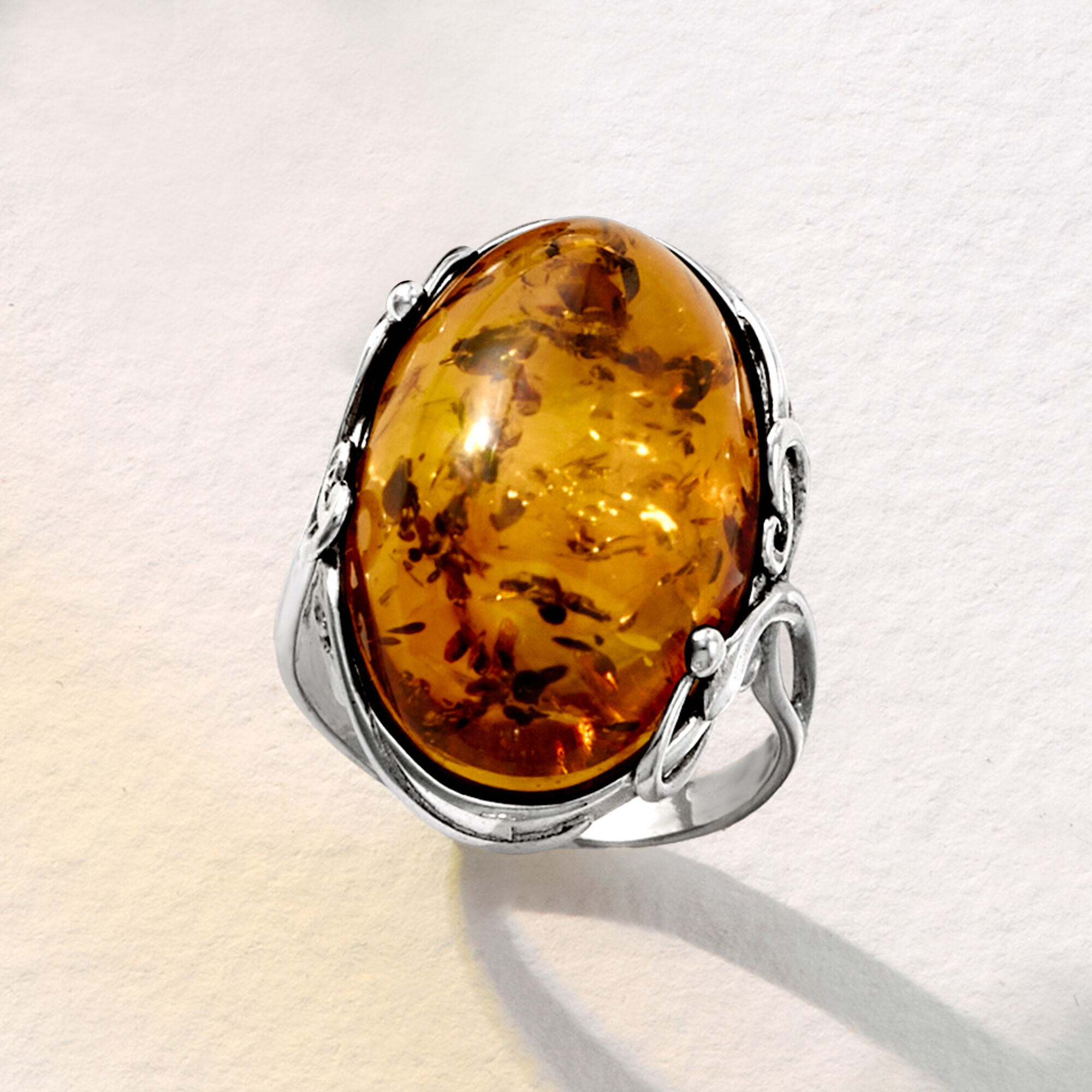 Orange Amber Ring in Sterling Silver