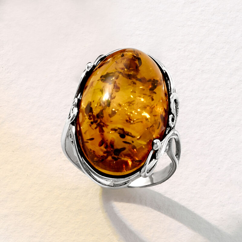 Orange Amber Ring in Sterling Silver image number 5