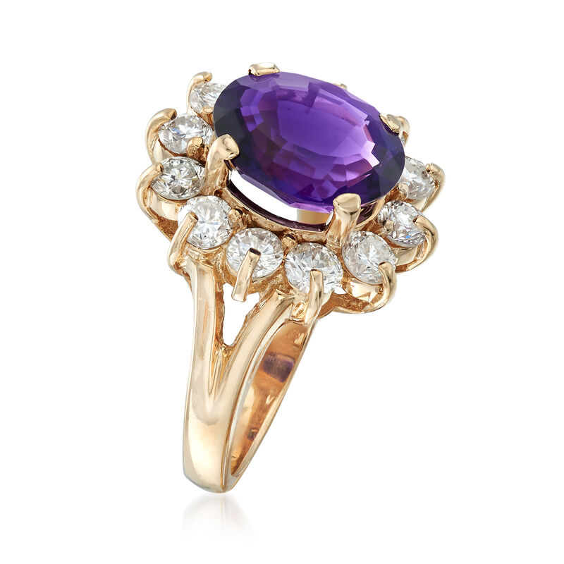 C. 1990 Vintage 2.67 Carat Amethyst and .90 ct. t.w. Diamond Ring in 14kt Yellow Gold image number 2