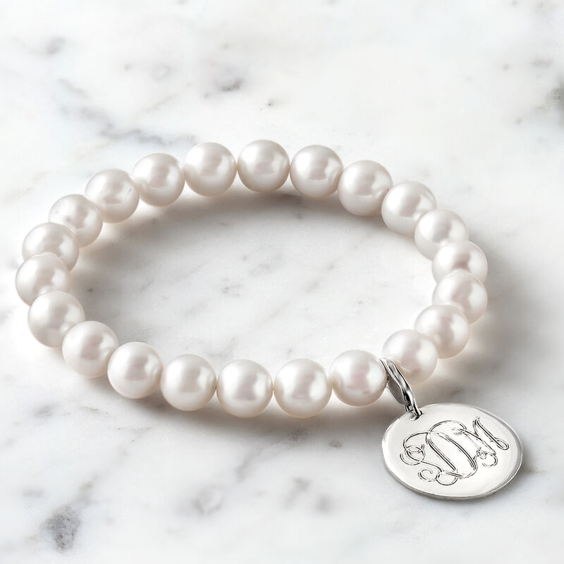 8-8.5mm Cultured Pearl Bracelet with Sterling Silver Personalized Disc Charm image number 5