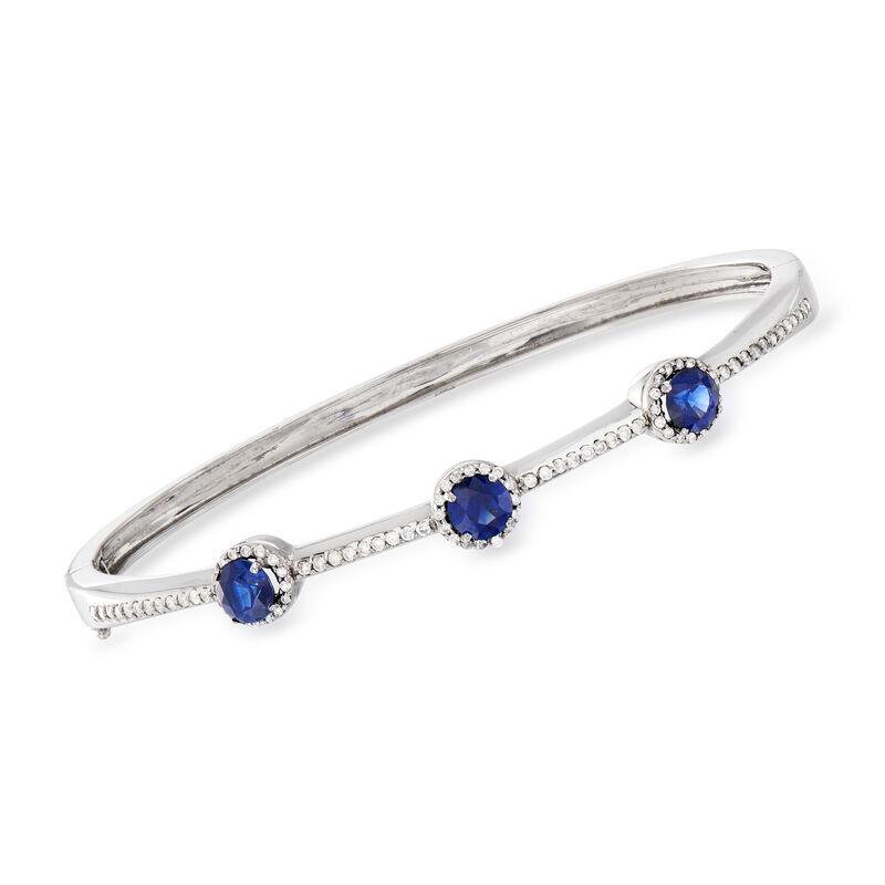C. 1990 Vintage 1.65 ct. t.w. Sapphire and .60 ct. t.w. Diamond Station Bangle Bracelet in 14kt White Gold. 7&quot; image number 0